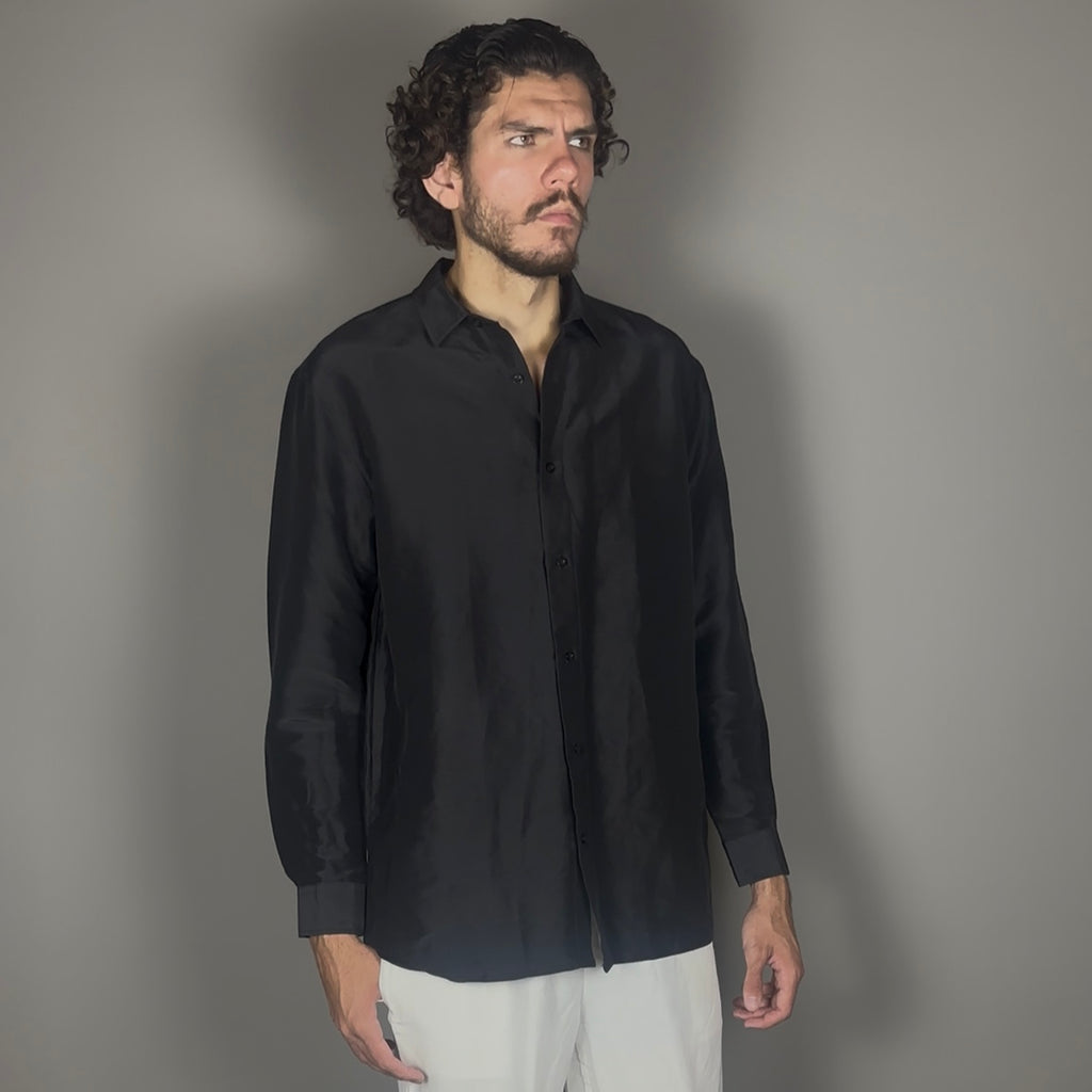 Altrui Black Silk Linen Long Sleeve Shirt