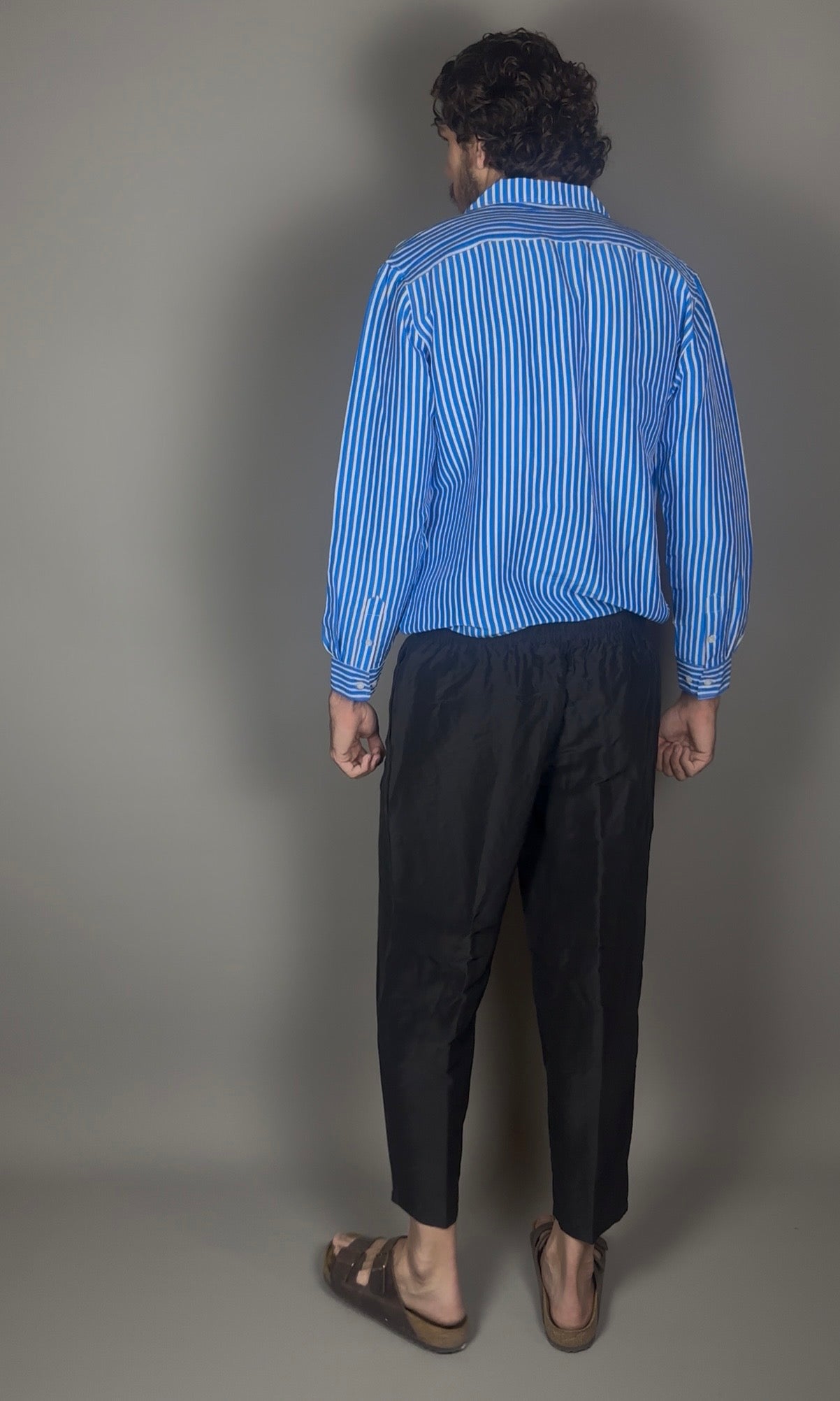 Altrui Blue and White Striped Silk Linen Long Sleeve Shirt