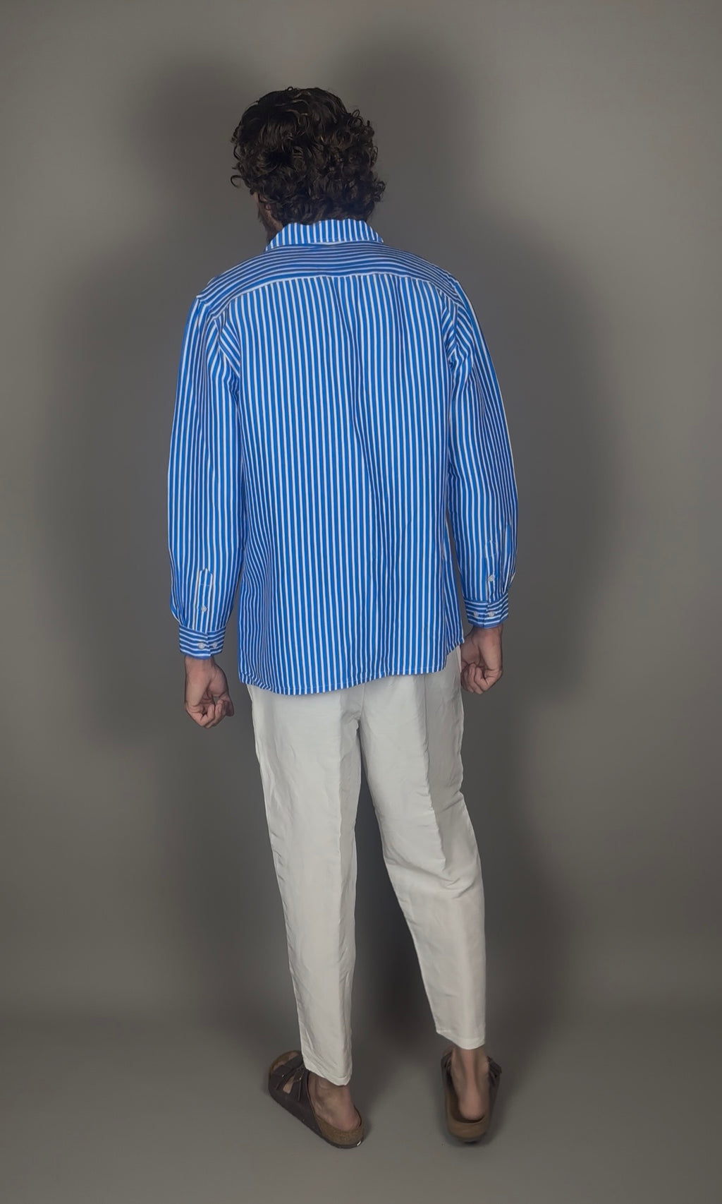 Altrui Blue and White Striped Silk Linen Long Sleeve Shirt