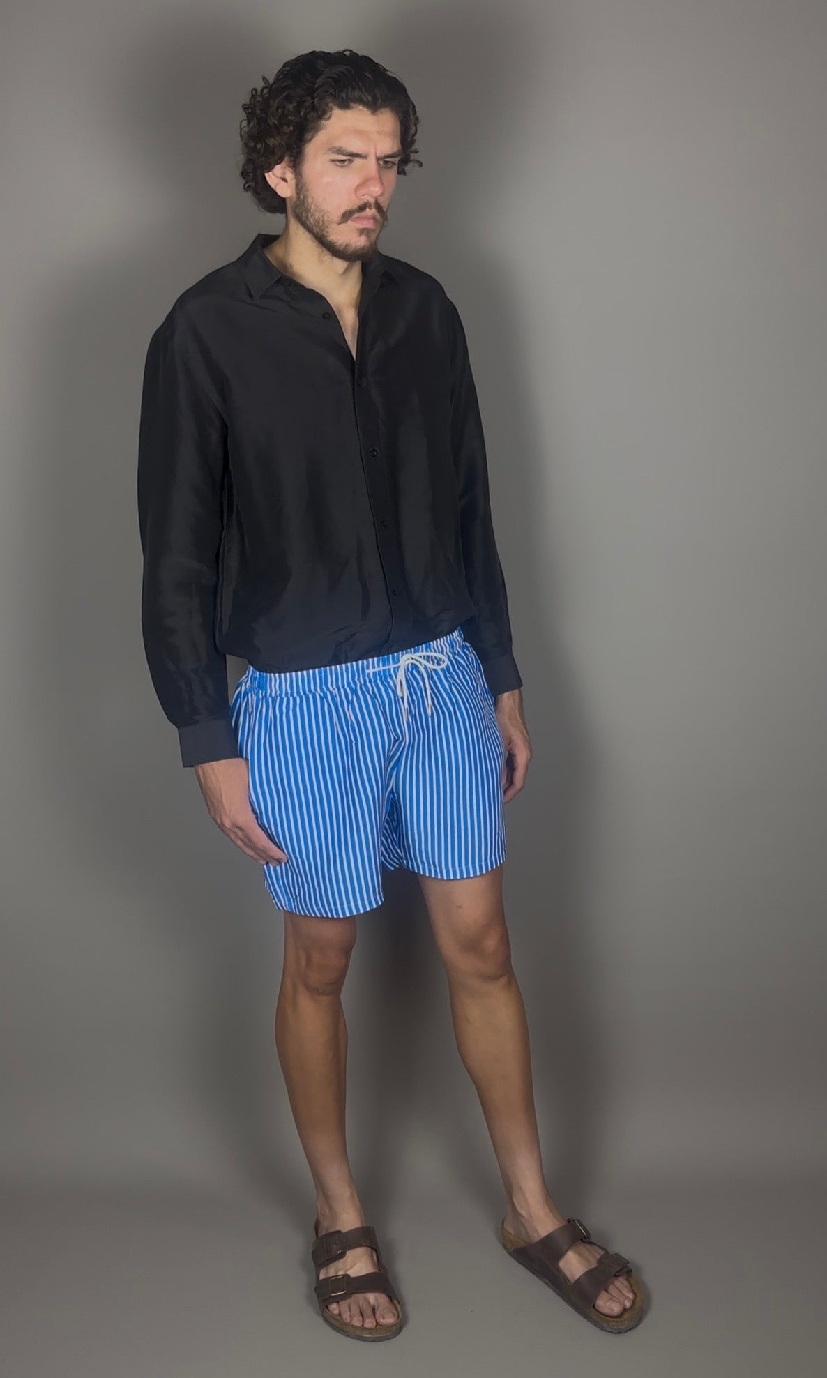 Altrui Blue and White Striped Silk Linen Shorts