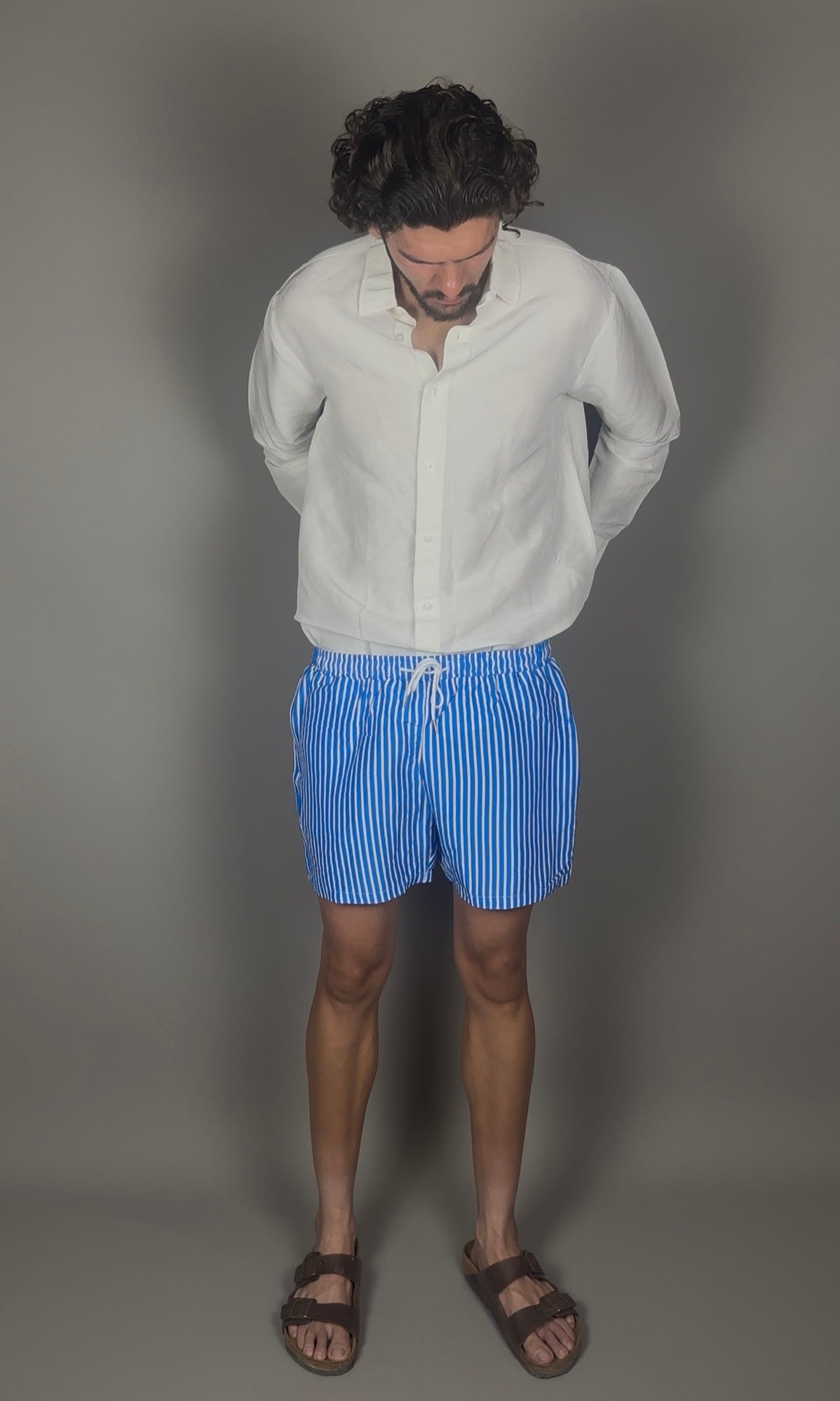 Altrui Blue and White Striped Silk Linen Shorts