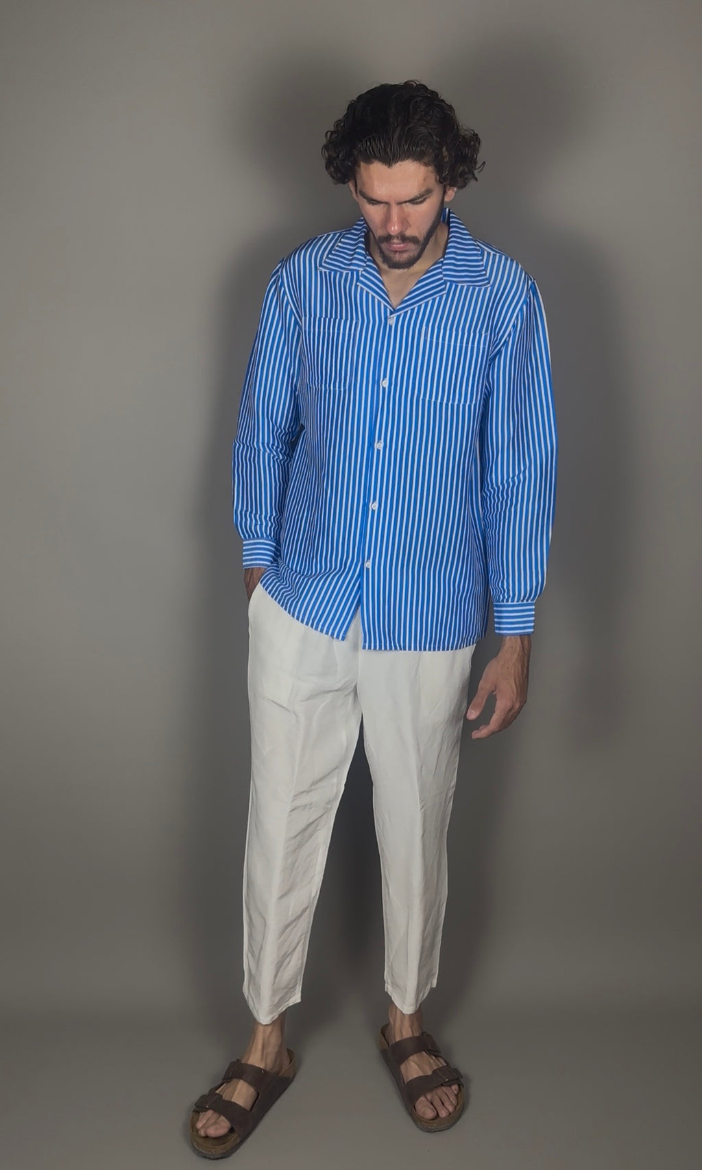 Altrui Blue and White Striped Silk Linen Long Sleeve Shirt