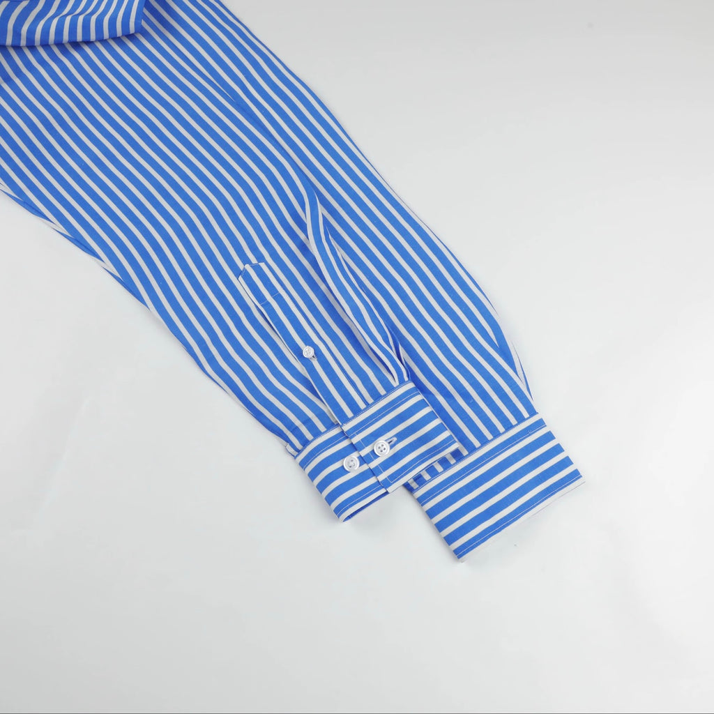 Altrui Blue and White Striped Silk Linen Long Sleeve Shirt
