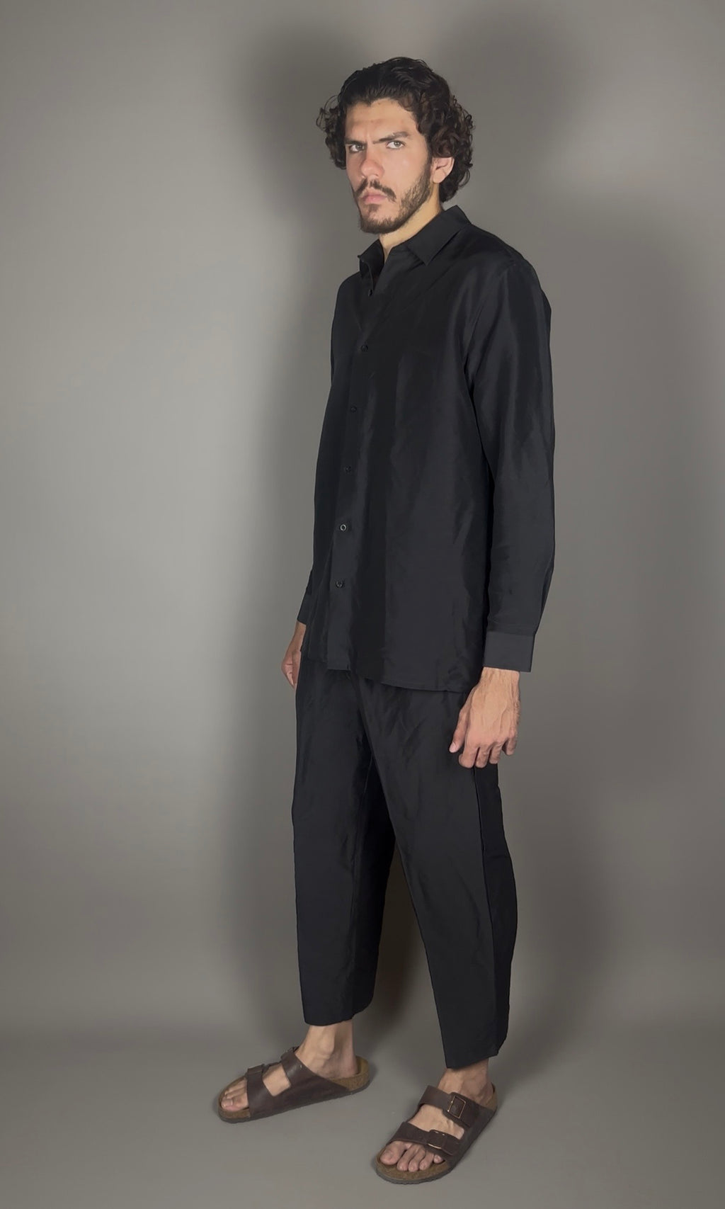 Altrui Black Silk Linen Long Sleeve Shirt