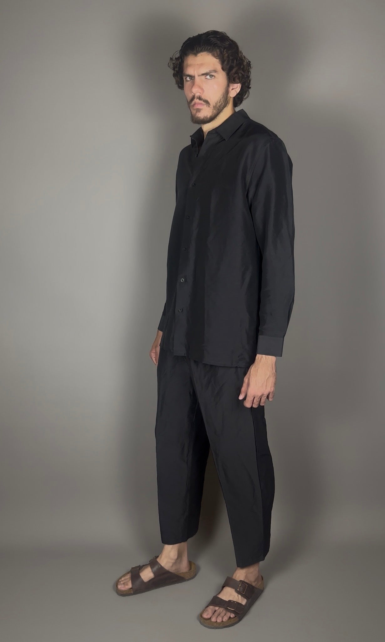 Altrui Black Silk Linen Long Sleeve Shirt
