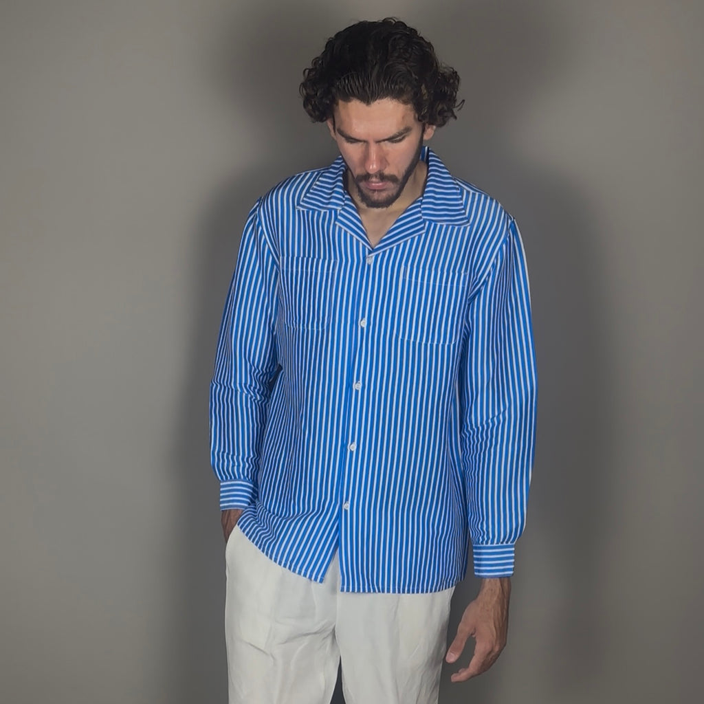 Altrui Blue and White Striped Silk Linen Long Sleeve Shirt