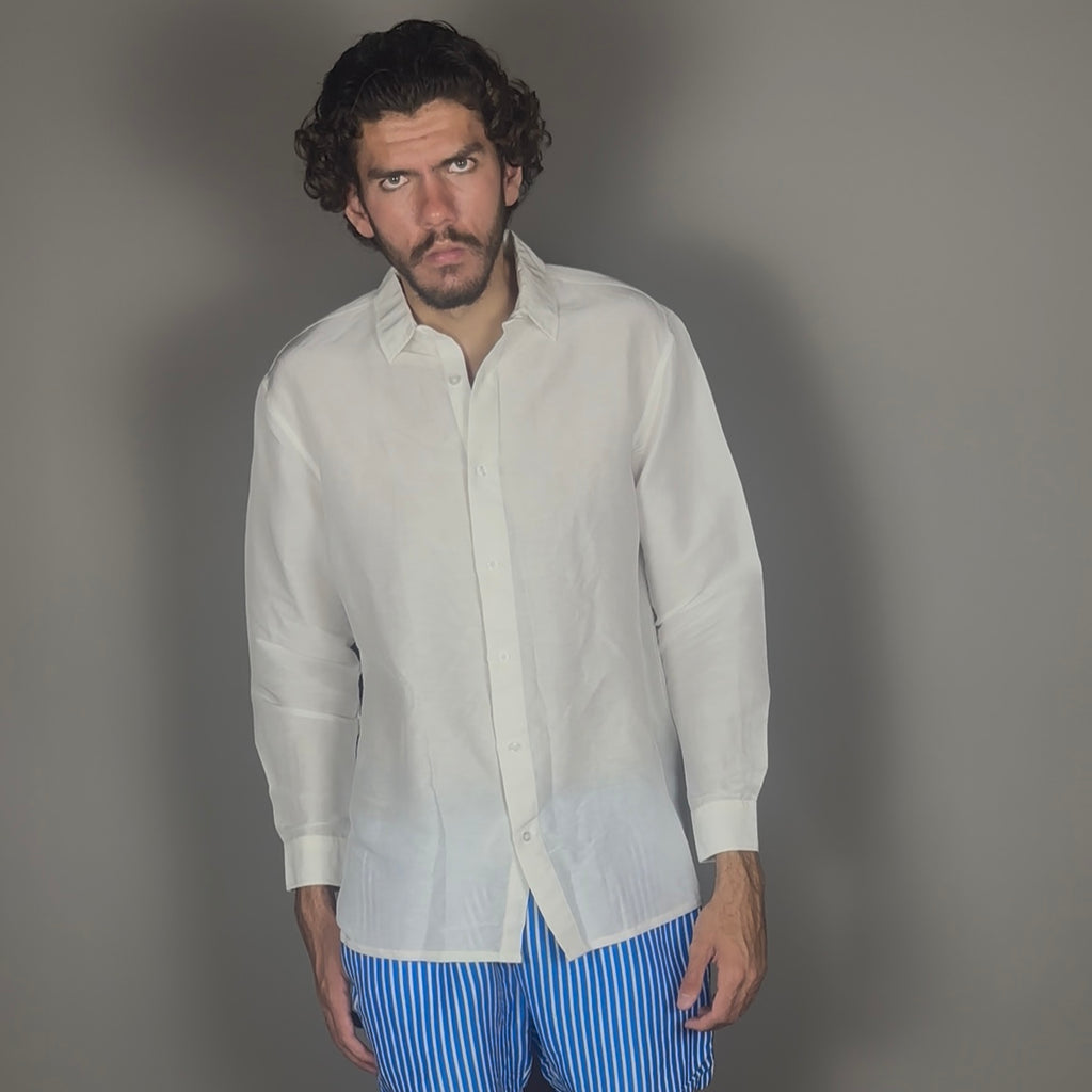 Altrui White Silk Linen Long Sleeve Shirt