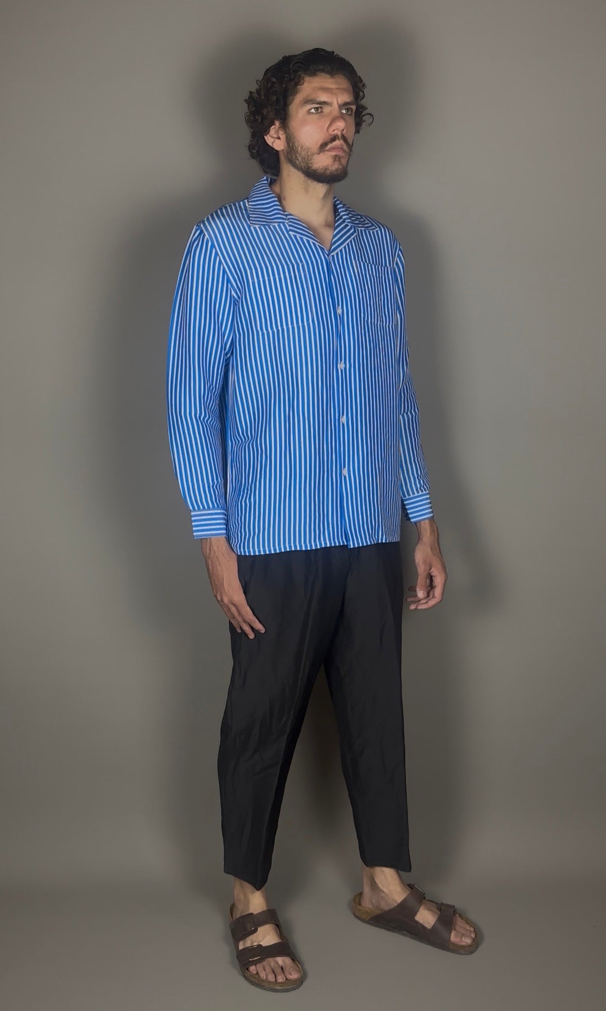 Altrui Blue and White Striped Silk Linen Long Sleeve Shirt