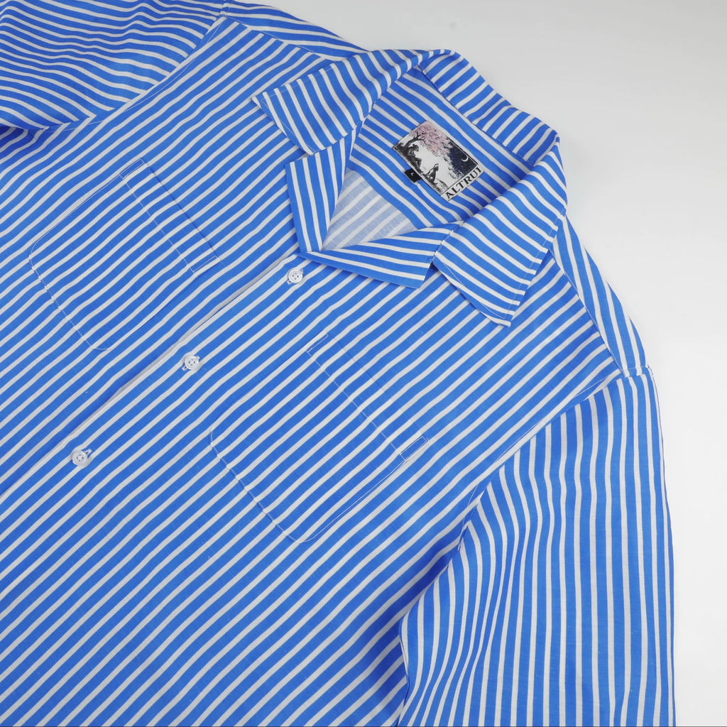 Altrui Blue and White Striped Silk Linen Long Sleeve Shirt