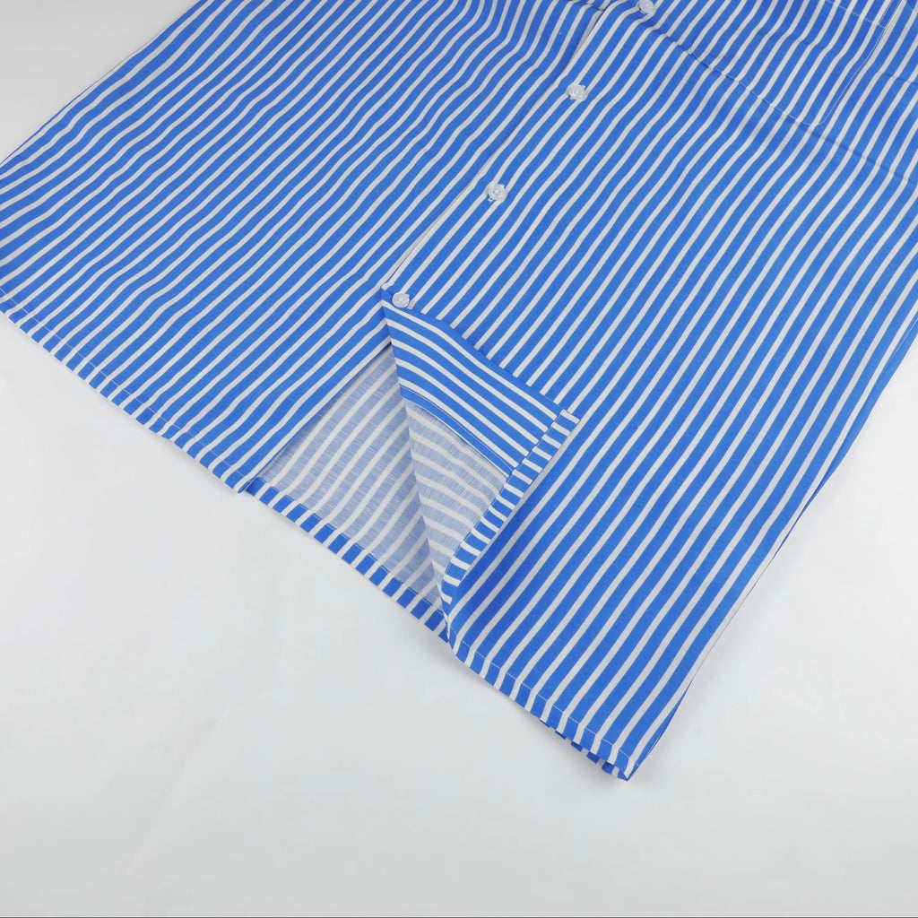 Altrui Blue and White Striped Silk Linen Long Sleeve Shirt
