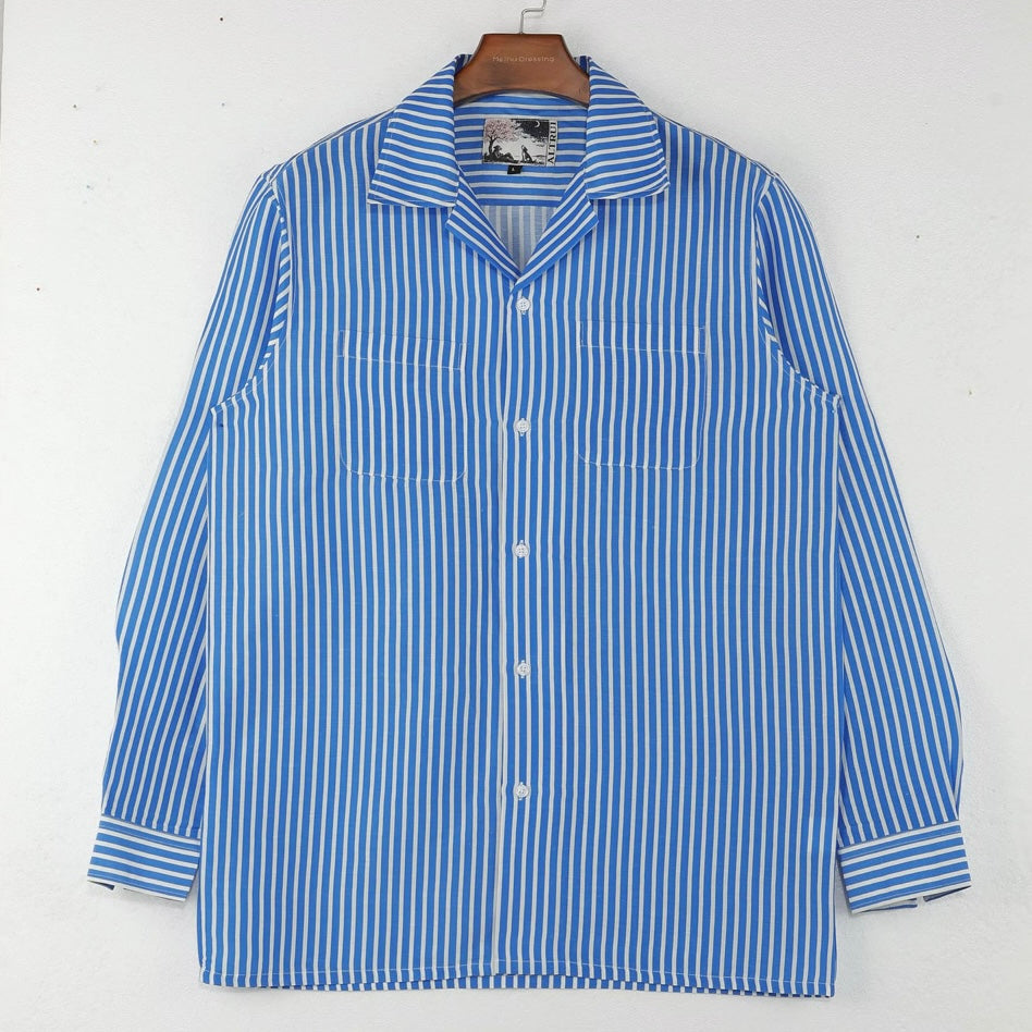 Altrui Blue and White Striped Silk Linen Long Sleeve Shirt
