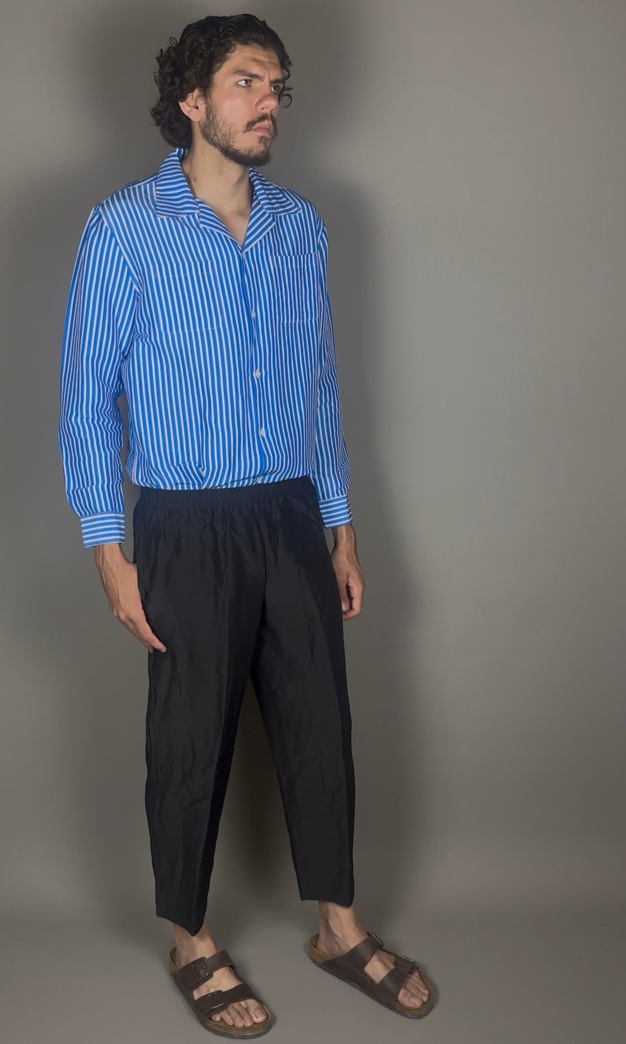 Altrui Blue and White Striped Silk Linen Long Sleeve Shirt